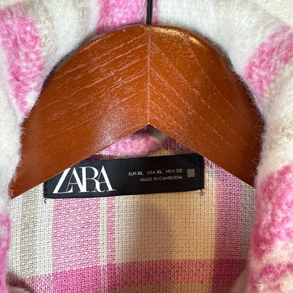 Zara womens jacket Cropped Pink Plaid Thick Shacket size XL - Picture 4 of 8